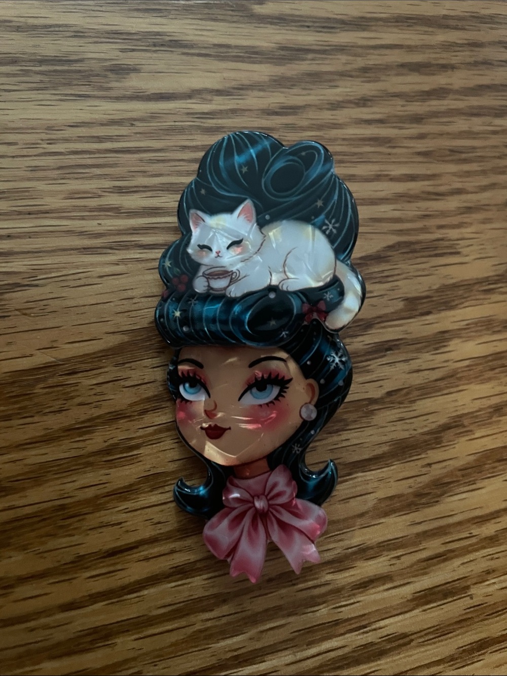 Stylish Black Hair Cat Brooch/Pin with Pink Bow